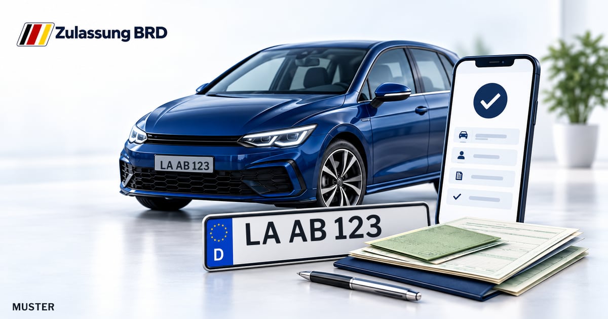 Online Fahrzeugzulassung in Essenbach: Musterkennzeichen LA AB 123, Auto und Fahrzeugpapiere und Smartphone. Illustration mit Logo von Zulassung BRD.